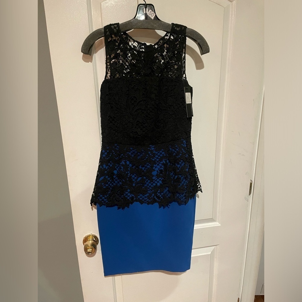 New!Sachin & Babi Noir Carolina Lace Overlay Sheath Black & Blue Midi Dress💙4,10 - Picture 7 of 13